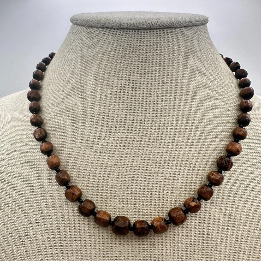 Vintage Y2K Brown Wooden Beaded‎ Necklace Boho Women's Classic Fashion Jewelry